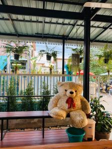 素可泰Baan Mae Somkid Homestay的坐在长凳上的大泰迪熊