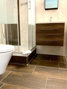 科特布斯Spree - Waldhotel Cottbus的带淋浴、卫生间和盥洗盆的浴室