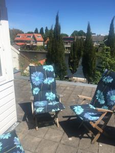ZoeterwoudeLuc's Place, jaccuzi, waterbed的两把椅子放在庭院,上面有蓝色的花朵