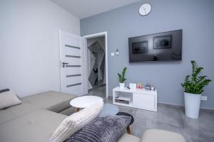 琴斯托霍瓦Apartamenty AP 11的带沙发和电视的白色客厅