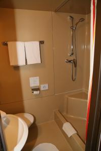 塞博登皮希勒海滨酒店的浴室设有卫生间和带毛巾的淋浴。