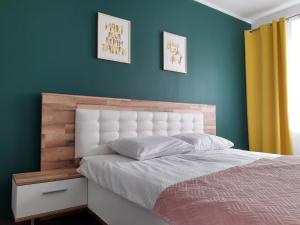 比亚韦斯托克Emerald Apartament的一间卧室设有一张床和蓝色的墙壁