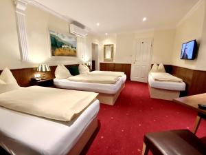 萨尔茨堡腾纳沃特别墅的酒店客房,设有两张床,铺有红地毯。