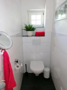 弗莱堡Baumhaus Freiburg的白色的浴室设有卫生间和窗户。