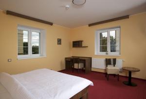 拉贝河畔乌斯季明星酒店的一间卧室配有一张床、一张书桌和两个窗户。