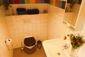 HoogmadenTulpenhuys的浴室设有黑色的卫生间和水槽。