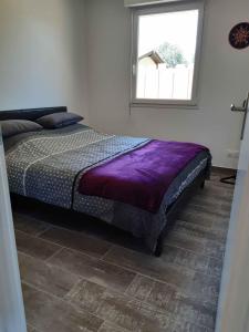 欧登日Gîte les 2 pins - Audenge的一间卧室配有一张带紫色棉被的床