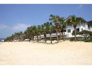 奄美Amami Resort Bashayamamura / Vacation STAY 81475的海滩上的一座棕榈树建筑