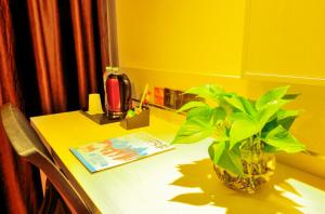 石河子7天优品石河子开发区店【高端经济型酒店】的黄色桌子,上面有花瓶和植物