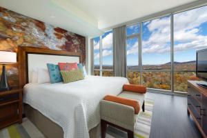 阿什维尔阿什维尔市中心靛蓝酒店的一间卧室设有一张大床和大窗户