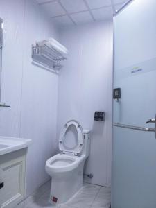 海口7天酒店海口动车东站南北水果市场凤翔路店的白色的浴室设有卫生间和水槽。