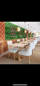 悉尼圣伦纳兹探索公寓的长餐厅设有白色的桌子和白色的椅子