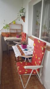 奥尔绍瓦Casa Emi的庭院设有桌子、椅子、桌子和窗户。