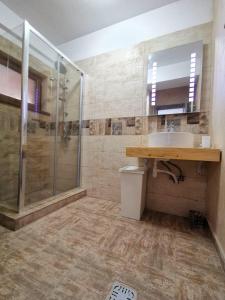 康斯坦察Cappuccino Apartment-Brilliant Apartments的一间带水槽和淋浴的浴室