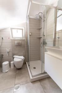 尼亚普拉莫斯Lofos Apartments的带淋浴、卫生间和盥洗盆的浴室