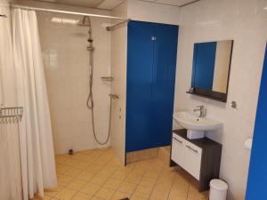豪滕Guest House Ons Hoekje的浴室设有蓝色的浴帘和水槽