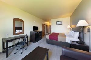 布里奇波特Econo Lodge Inn & Suites Bridgeport的一间酒店客房,一间设有一张床和一张书桌