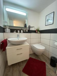 拜尔斯布龙Surrbach Chalet的一间带水槽、卫生间和镜子的浴室
