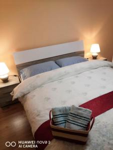 克卢日-纳波卡Cozy central apartment in Cluj Napoca的一间卧室配有一张带两盏灯和一篮毛巾的床