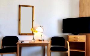 腓特烈西亚Hotel Medio Fredericia的配有一张桌子、两把椅子和一台电视的房间