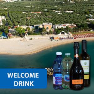 马蒂纳塔Apartments Villaggio Riccio的坐在海滩旁的桌子上,三瓶葡萄酒