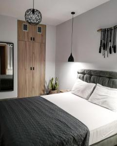 尼亚普拉莫斯Elements Studios的一间卧室配有一张床和一个木制橱柜
