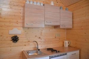 米库洛夫Chata U lomu的厨房配有水槽、炉灶和橱柜。