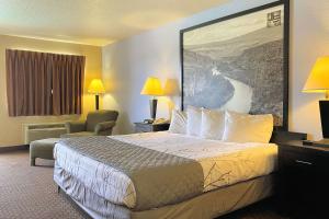 新布朗费尔斯新布劳恩费尔斯速8酒店的酒店客房设有一张壁挂着大画的床铺。