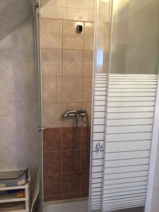 沙罗什保陶克Katalin vendégház的浴室里设有玻璃门淋浴