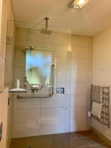 Amberley蒂维厄特景观汽车旅馆的浴室里设有玻璃门淋浴