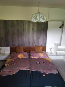 RaumbergFerienhaus Raumberg的一间卧室配有两张床和吊灯。