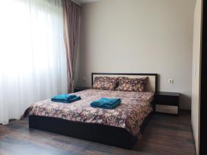 哈斯科沃Апартамент БОНИТА的一间卧室配有一张带两个蓝色枕头的床
