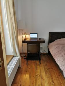 莱斯诺夫SOHO Lodge Rasnov的一间卧室配有一张桌子,上面有一台笔记本电脑