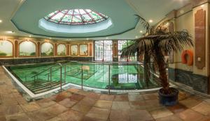巴特贝特里希Häcker's Fürstenhof的一座带彩色玻璃窗的建筑中的游泳池