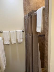 加德纳黄石河滨小屋酒店的一间带毛巾和淋浴帘的浴室