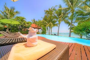 班拉克海滩爱侣湾别墅酒店的坐在游泳池旁桌子上的猫雕像