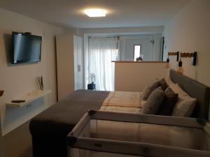 科佩尔La vita urbana的一间卧室配有一张大床和一台平面电视
