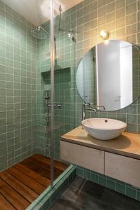孔索拉桑Mare Cheia: Beach and Surf Apartment 2的浴室配有盥洗盆和带镜子的淋浴