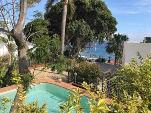 圣托·斯特凡诺·阿尔马尔Terramata Resort Case Vacanza的一座种有树木的游泳池,一座背景为大海的游泳池