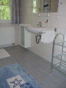 奥茨塞巴德·迪尔哈根Ferienhaus Mine Sehnsucht的一间带水槽和镜子的浴室