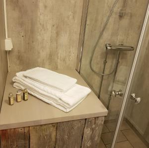 StraumsbuktaYggdrasil Farmhotel Retreat, Spa & Yoga的浴室设有淋浴,在柜台上配有白色毛巾