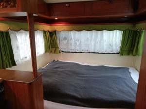 萨姆滕斯Caravan的卧室配有天蓬床,位于窗户前