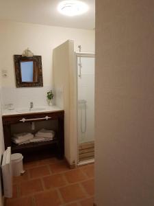 Broc罗贝德里斯旅馆的浴室配有盥洗盆和带镜子的淋浴