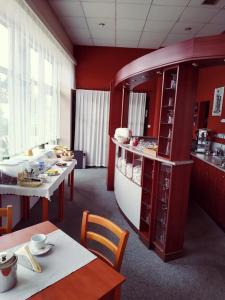Sezimovo Ústí维加汽车旅馆的一间带两张桌子的厨房,以及