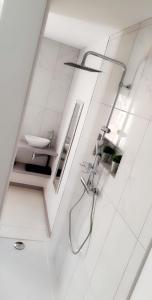 Bordeaux-Saint-ClairLe cosy de sarah的带淋浴和盥洗盆的白色浴室