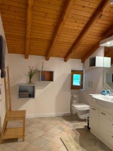 Giornico古洛特佩尔古拉住宿加早餐旅馆的一间带白色卫生间和木制天花板的浴室