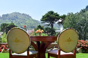 辛特拉辛特拉马莫里斯酒店的花园桌子前的两把椅子
