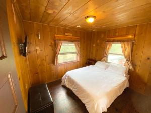 大熊湖ITH Big Bear Lake Hostel & Retreat Center的小木屋内一间卧室,配有一张床