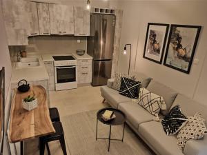 沃洛斯Stylish Ground Floor Maisonette的带沙发的客厅和厨房