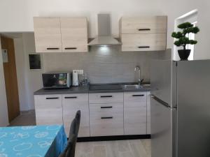 巴斯卡Apartments Jurandvor的厨房配有白色橱柜和不锈钢冰箱